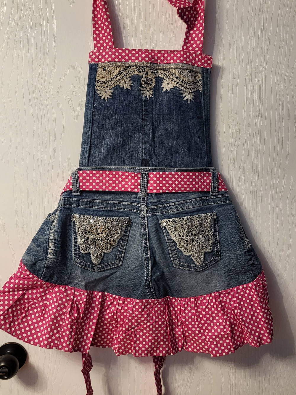 Pink Polka Dot Denim Apron with Lace Trim